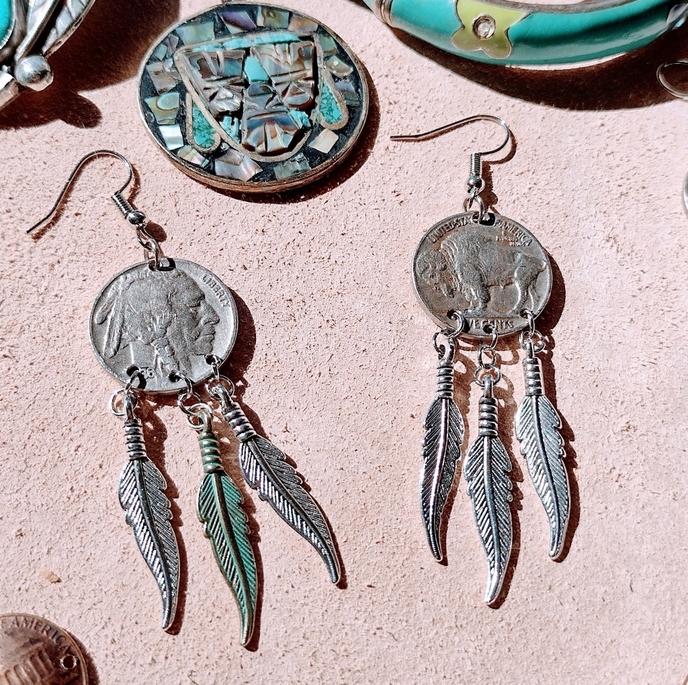 Vintage Handmade Real Buffalo Nickel Feather Dangle Silver Drop Hook Earrings - Picture 5 of 7